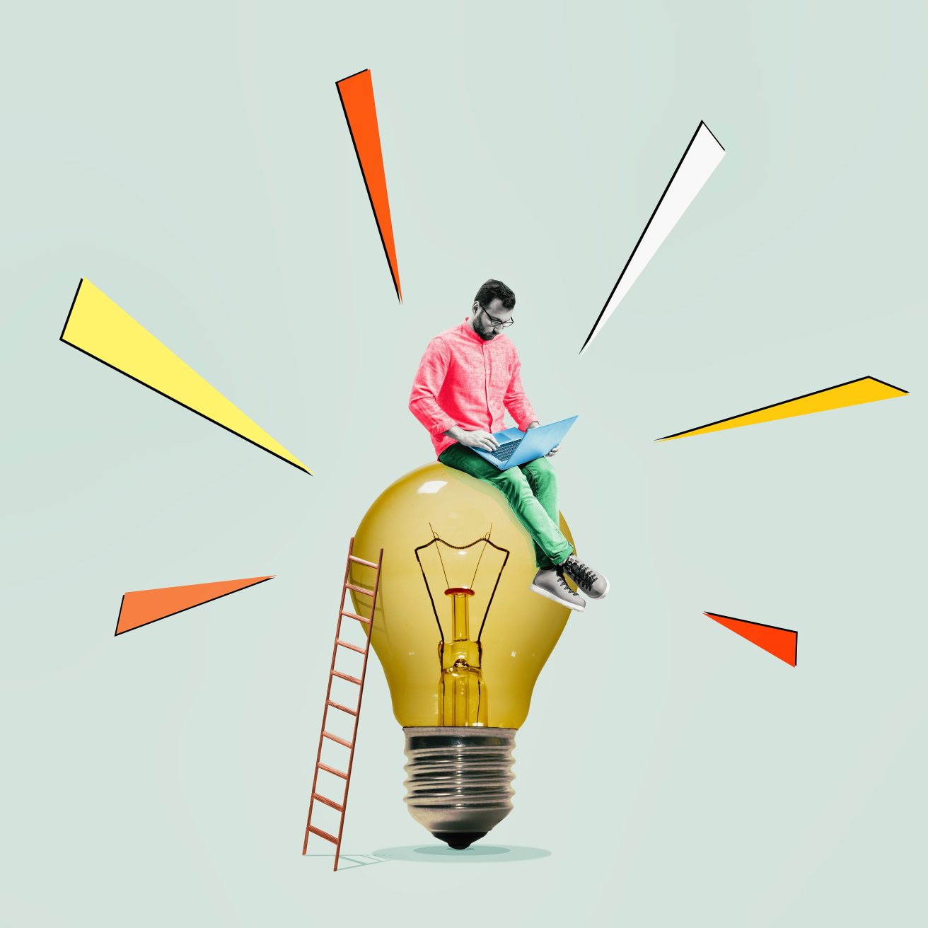 pomysł, żarówka, drabina, mężczyzna, laptop